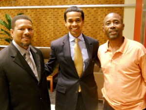 Imam Talib Shareef (L) of Washington, D.C.'s Masjid Muhammad, a retired U.S. Air Force veteran, with Paul Monteiro of the White House Office of Public Engagement, and Imam Earl El-Amin of the Muslim Community Cultural Center of Baltimore, MD., during The Mosque Cares' 2011 Annual Muslim Convention in Tinsley Park, IL.